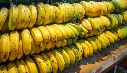 Rows of ripe yellow bananas displayed on a wooden surface, showing slight blemishes and variations in color