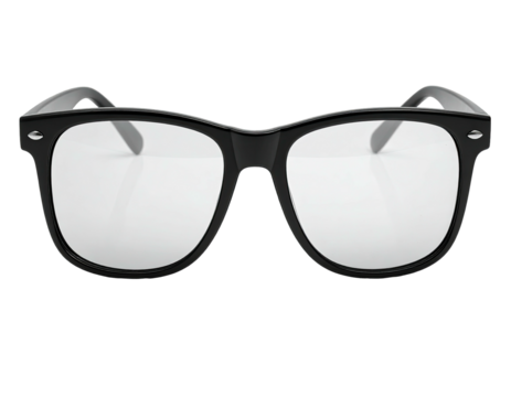 Pair of black-framed eyeglasses with transparent lenses, centered on a dark background