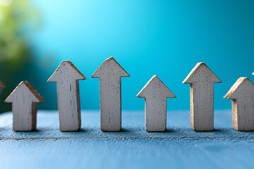 A visually appealing composition featuring upward arrows against a vibrant blue background, providing ample space for customization, representing the idea of thriving business growth 