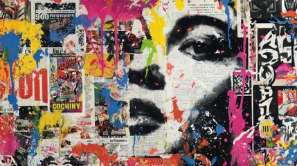 Vibrant urban graffiti collage artwork with colorful paint splashes, vintage poster textures, abstract street art design, and expressive modern artistic background on white background 