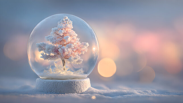 A charming snow globe featuring a pinktinged frosted tree, set against a soft, blurred background with warm bokeh lights, evoking a festive holiday mood