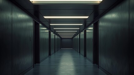 Long corridor in a modern building with dim lighting and closed doors