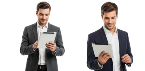 Group of diverse business men holding tablet isolated on transparent white background