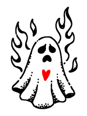 Sad burning ghost with heart, edgy pop-culture doodle art.