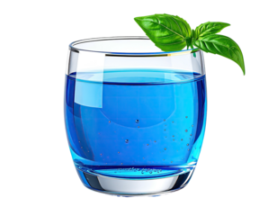A glass of vibrant blue liquid, basil leaf garnish, set against a black backdrop