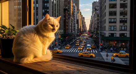 White cat watches sunset traffic from a New York City window.
A calm white cat sits perched on a wooden windowsill, bathed in the warm, golden light of sunset
