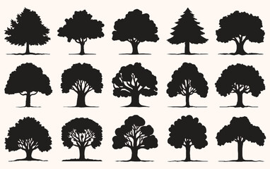 Various of black tree silhouettes on a light beige background feature diverse leaf shapes and branching patterns, conveying variety and natural beauty.