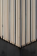 Fototapeta premium Vertical wooden slats with dark background creating modern architectural design detail 100