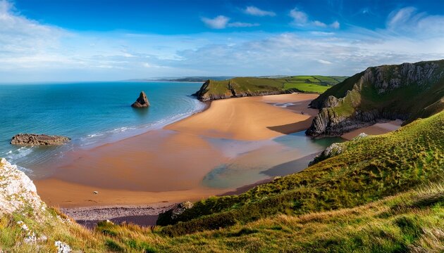 Three Cliffs Bay On The Gower Peninsular West Glamorgan Wales Which Is A Popular Welsh Coastline Attraction Travel Destination Of Outstanding Beauty In The Uk Vacations Stock Photo Image