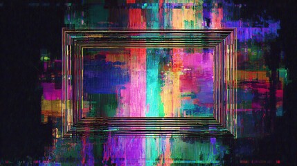 A vintage gold frame filled with colorful pixelated static on a dark background