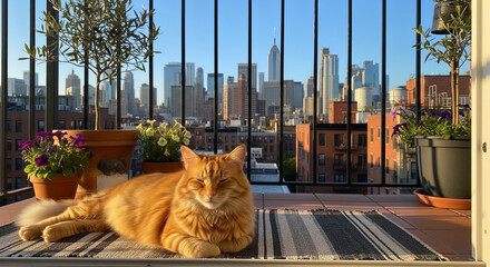 Ginger Cat Relaxing on Balcony with Dramatic Urban City Skyline View
A charming, sunlit photograph of a fluffy ginger cat (or Orange Tabby) lying contentedly on a striped rug on an urban balcony
