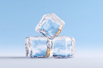 Crystal-clear ice cubes stacked against soft blue background, ev