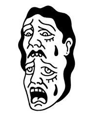 Traditional tattoo style crying faces stacked illustration.