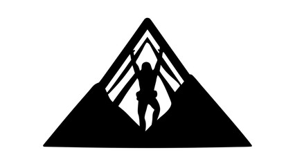 Silhouette climber reaching summit triumphantly within abstract mountain peaks, symbolizing achievement and adventure