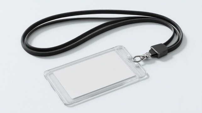 A clear plastic badge holder with a blank white card rests on a light surface, connected to a black lanyard - Powered by Adobe