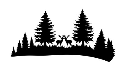 Obraz premium Majestic deer silhouettes embrace amidst a serene pine forest landscape scene