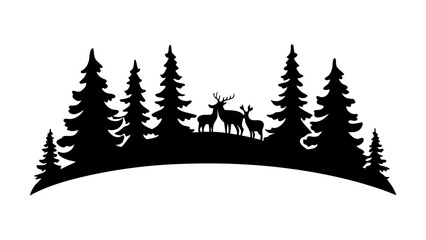 Majestic deer family silhouetted amidst a serene evergreen forest landscape