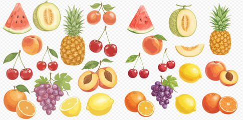 A vibrant collection of various fruits, including watermelon, melon, pineapple, cherries, peaches, plums, grapes, oranges, and lemons, arranged in a colorful and appealing display.