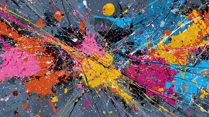 An abstract explosion of colorful paint splatters on a grey backdrop, creating a dynamic artwork