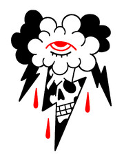 Edgy tattoo flash: magic cloud, skull, and blood drops.