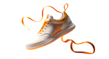 A single modern sneaker with orange laces and ribbon isolated on transparent background