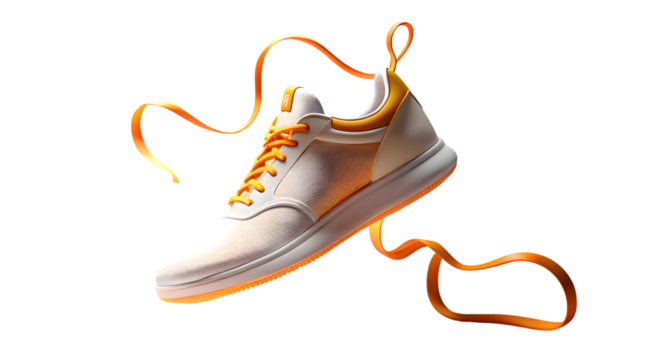 A single modern sneaker with orange laces and ribbon isolated on transparent background