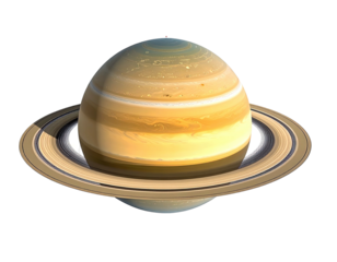 Rendered view of a banded, gaseous planet with icy rings against black space