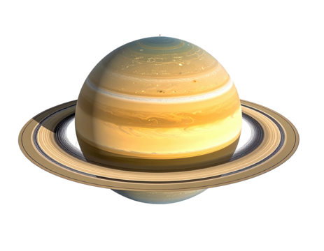 Rendered view of a banded, gaseous planet with icy rings against black space