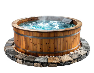 Wooden hot tub with bubbling water surrounded by stone, isolated on black