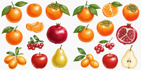 A vibrant assortment of fruits including oranges, persimmons, pomegranates, apples, pears, and berries.