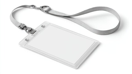 Close-up of a blank, clear plastic ID badge with a grey lanyard, resting on a white surface. The badge has a rectangular shape