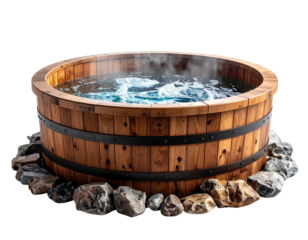 A wooden, round hot tub with steaming water, surrounded by rocks