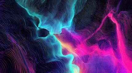 Abstract, flowing lines form ethereal shapes of color, with gradients of cyan, pink, and orange in a dark expanse