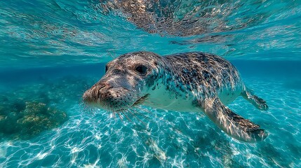 Obraz premium Curious seal glides through crystal turquoise ocean waters, sunbeams dancing on the sandy floor, a captivating underwater world for conservation campaigns