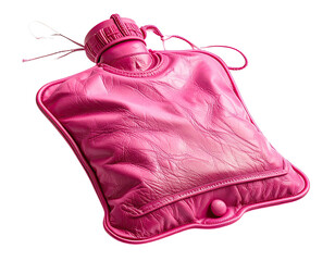 Pink, leather-covered, rectangular hot water bottle with a screw-top and cord