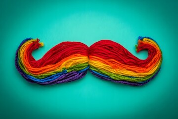 Rainbow yarn mustache on teal background representing lgbtq pride and diversity and inclusion