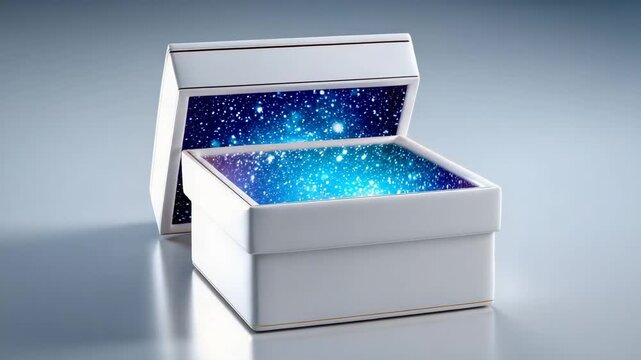 White gift box opened revealing a starry galaxy interior design  