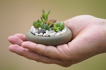 Succulent garden in hand is a tiny and beautiful display of miniature plants and stones in a pot
