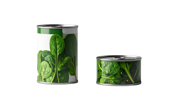 Two Unique Spinach Canned Food Variations, Isolated on Transparent Background.