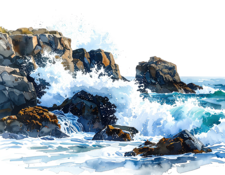 Watercolor depiction of crashing waves against rocky coastal cliffs, blue and white
