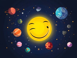 Fototapeta premium Cartoon sun with planets and stars in space with a smiley face and a wink expression