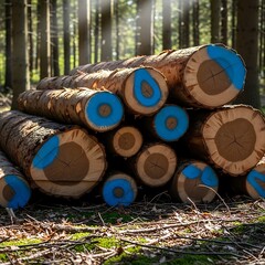 Piled Logs in Forest.