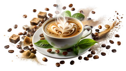 A steaming cup of coffee with latte art, surrounded by coffee beans, sugar cubes, and fresh mint leaves, isolated on transparent background