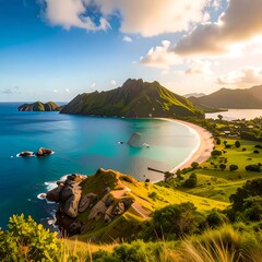 Panoramic view of a tropical bay, with golden sunlight illuminating a crescent beach backed by verdant hills