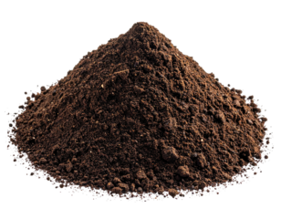 A rich, dark brown pile of loose, granular earth against a black background