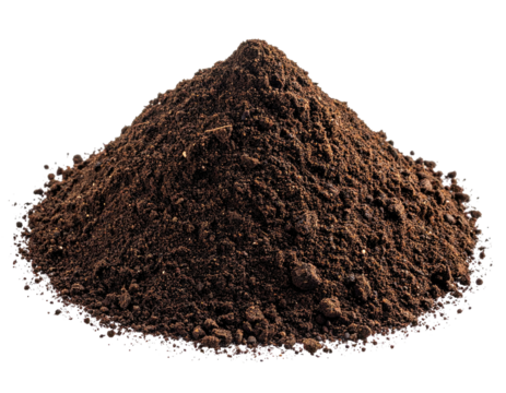 A rich, dark brown pile of loose, granular earth against a black background