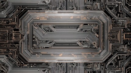A metallic, geometric abstract depicts a central rectangle within complex circuitry, with grunge and detailed textures