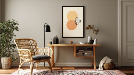 Minimalist home office featuring a light wood desk, rattan chair, geometric art, potted plants, and a floor rug.  Muted earth tones create a calm atmosphere