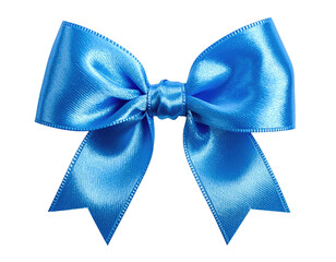 A vibrant, cerulean blue satin bow, centered and isolated against a dark background