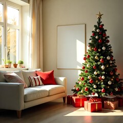 Naklejka premium living room with christmas decorations ,Sofa and Christmas tree, empty frame in modern style
